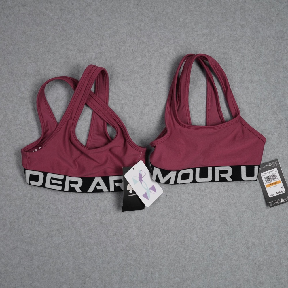 2 Under Armour Sports Bra Girls YS Burgundy G Crossback Bra Athletic Wordmark